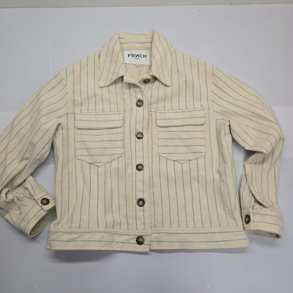 FRNCH Paris Cream Blue Pinstripe Button Front Utility Jacket XS F12264